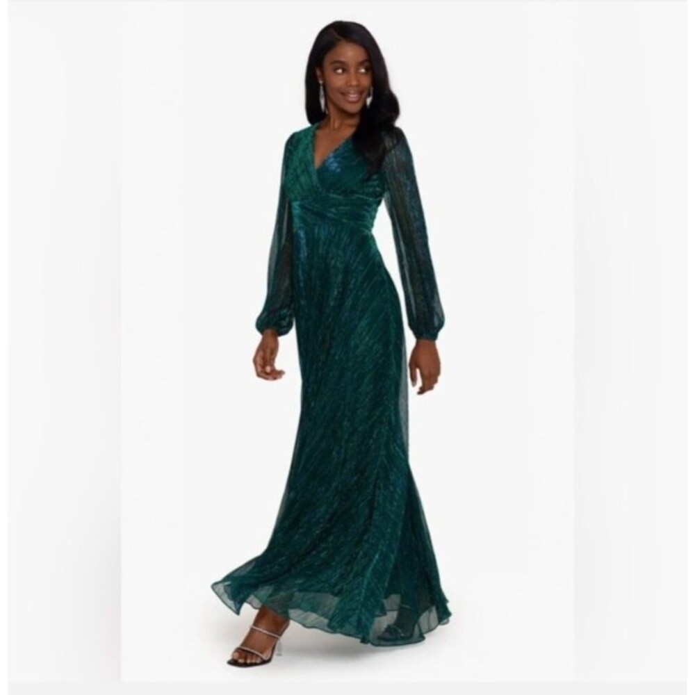 Betsy & Adam Metallic Long Sleeve Emerald Evening Dress Sz 6 Gala Wedding Formal